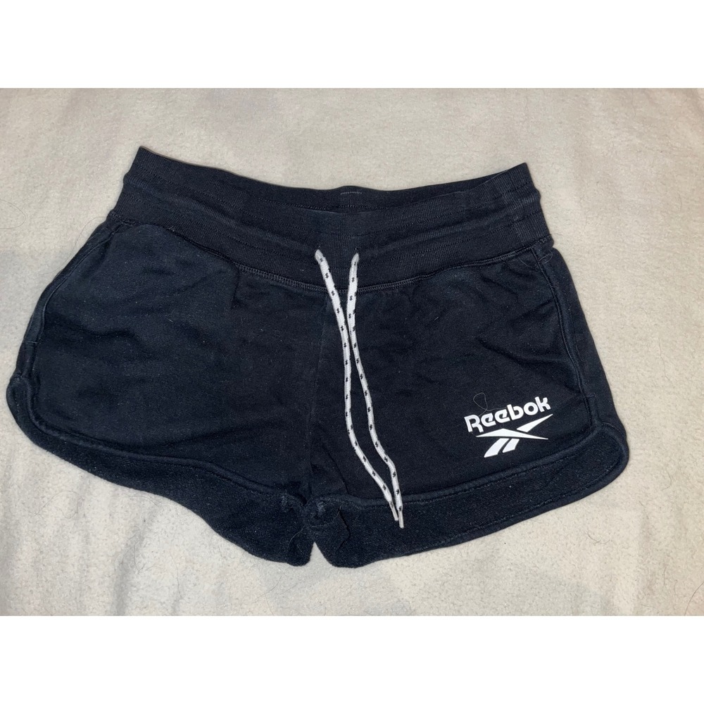 Reebok Mens Black Athletic Shorts Small Drawstring Pockets Logo Dolphin‎ Hem